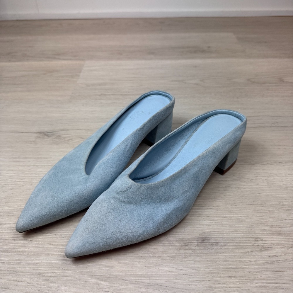 Vince Ralston Leather Suede Mules Size 7.5 Blue Block Heel